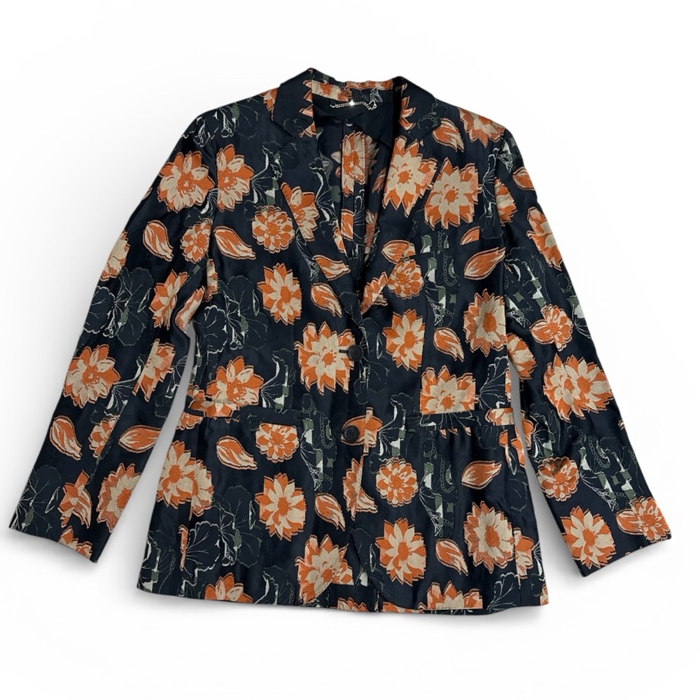 Salvatore Ferragamo Black Orange Floral Jacquard Blazer Silk Jacket IT 38 US 2”.